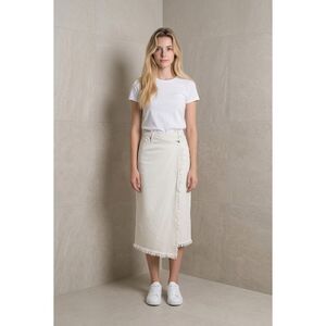 Jonathan Simkhai Standard Ecru Denim Wrap Midi Skirt Frayed Hem Size 27 Small NW